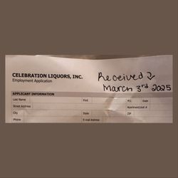Celebration Liquors - Proof of the application she printed for me. Didn't even bother to staple it either.