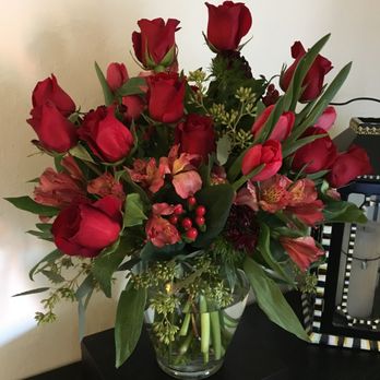 Poppy Jade Studios - Roses, alstromeria, and eucalyptus in a vase - Floral Designers Near Me Poppy Jade Studios - Roses, alstromeria, and eucalyptus in a vase - Floral Designers Near Me
