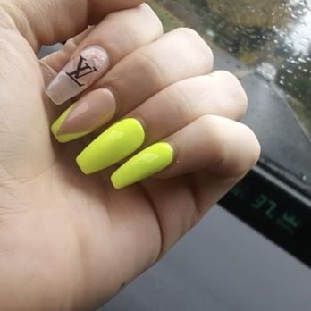 Luxury Nail Bar - Neon Yellow LV Coffin Nails - Nail Salons Near Me - Clackamas, Oregon