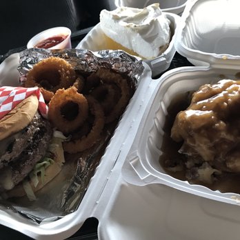 Outpost Cafe - Our Juicy Lucy Burger Onion Rings Garlic Mashed Potatoes and Gravy lemon meringue pie. - American Near Me - Oak Hills, California Outpost Cafe - Our Juicy Lucy Burger Onion Rings Garlic Mashed Potatoes and Gravy lemon meringue pie. - American Near Me - Oak Hills, California