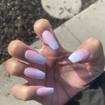 Coco Nail & Spa - Shape: coffin Design: pink and white ombré with airbrush - Nail Salons Near Me - Canoga Park, California Coco Nail & Spa - Shape: coffin Design: pink and white ombré with airbrush - Nail Salons Near Me - Canoga Park, California