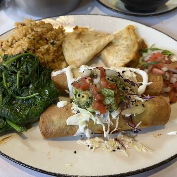 Cyclone Anayas Tex Mex Kitchen - Build a plate lunch special - chicken quesadillas, chicken flautas, rice ans garlic spinach - Mexican Near Me - Houston, Texas