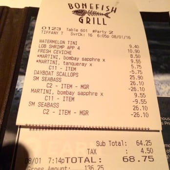 Bonefish Grill - Schizophrenic tab -- with plenty of deducts making up for problem food issues ... - Seafood Near Me - Paramus, New Jersey