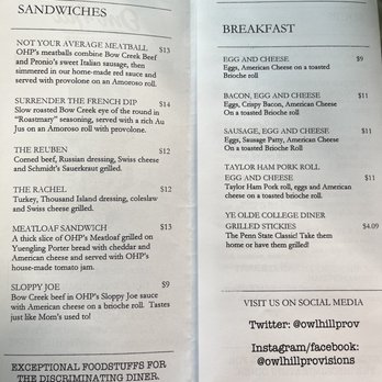Owl Hill Provisions - a menu for breakfast - Sandwiches Near Me