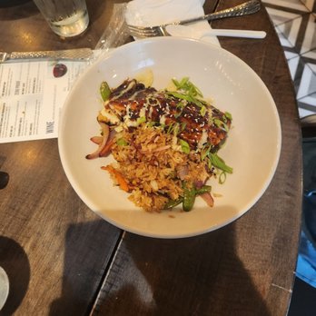 Not Your Average Joe's - Reston - Salmon with pineapple rice - New American Near Me - Reston, Virginia Not Your Average Joe's - Reston - Salmon with pineapple rice - New American Near Me - Reston, Virginia