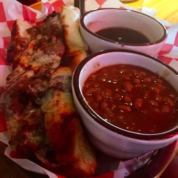 Lumpy's Bar Grill - The AWESOME beefeater with cheese and mushrooms, au jus (for dipping) and baked beans - American Near Me - Eagle River, Wisconsin