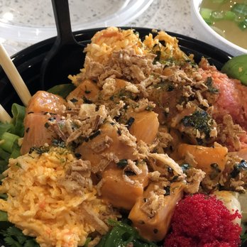 Grindz - Aloha infused Poke - 3 fish bowl too! Salmon, yellow tail, spicy tuna, spicy masago & other goodies. 2x crabmeat to compensate for not having avocado today. - Poke Near Me - Monrovia, California Grindz - Aloha infused Poke - 3 fish bowl too! Salmon, yellow tail, spicy tuna, spicy masago & other goodies. 2x crabmeat to compensate for not having avocado today. - Poke Near Me - Monrovia, California