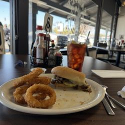 M & J Family Restaurant - Steak melt & crispy onion rings