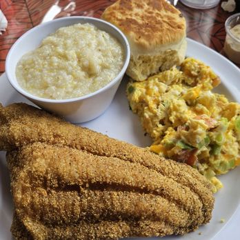 Breakfast with Milli - Catfish, grits, yummy biscuit, scrambled eggs with cheese, tomatoes and green onions. - Breakfast & Brunch Near Me - Los Angeles, California Breakfast with Milli - Catfish, grits, yummy biscuit, scrambled eggs with cheese, tomatoes and green onions. - Breakfast & Brunch Near Me - Los Angeles, California
