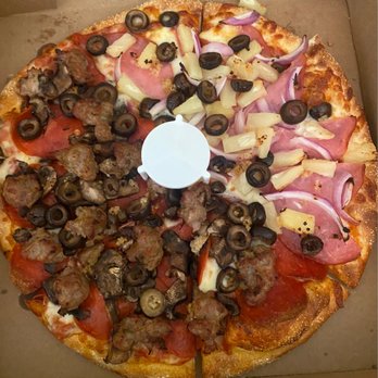 Pizza Guys - Create Your Own (1/2 Pepperoni, Sausage, Mushroom, Black Olive - 1/2 Canadian Bacon, Pineapple, Red Onion, Black Olive) - Pizza Near Me - Corona, California