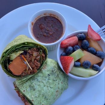 Let’s Yolk About It - Vegan burrito with soyrizo and seasonal fruit, yum! - Breakfast & Brunch Near Me - Long Beach, California Let’s Yolk About It - Vegan burrito with soyrizo and seasonal fruit, yum! - Breakfast & Brunch Near Me - Long Beach, California