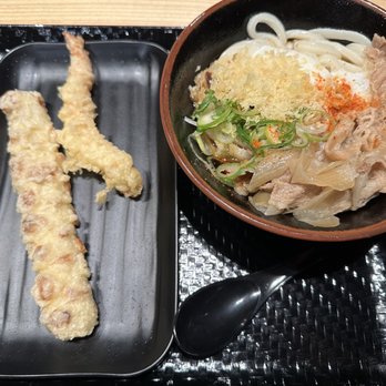 STIX ASIA - Niku tama (beef and egg) udon with side order fish cake and shrimp tempura - Food Court Near Me - Honolulu, Hawaii STIX ASIA - Niku tama (beef and egg) udon with side order fish cake and shrimp tempura - Food Court Near Me - Honolulu, Hawaii