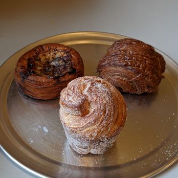 Temple Pastries - Sugared cruffin (center), shallot and gruyere croissant (left) and rye pain au chocolat (right). - Bakeries Near Me - Seattle, Washington