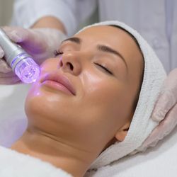 Regenerate IV Bar & Aesthetics - A woman relaxes with eyes closed while a skincare professional uses a handheld device emitting purple light on her chin, deli...