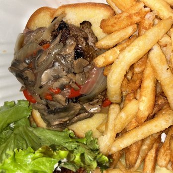 Hops Burger Bar - Turkey Burger with mushrooms, onions & peppers with fries. - Burgers Near Me - Greensboro, North Carolina Hops Burger Bar - Turkey Burger with mushrooms, onions & peppers with fries. - Burgers Near Me - Greensboro, North Carolina