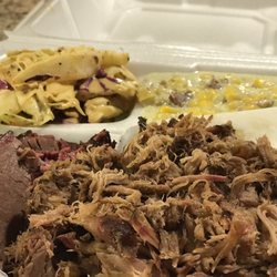Maxons Blue Country Barbecue - 2-meat combo: brisket (left) and pulled pork (right) with tangy slaw and jalapeño creamed corn sides. Sooooo good!