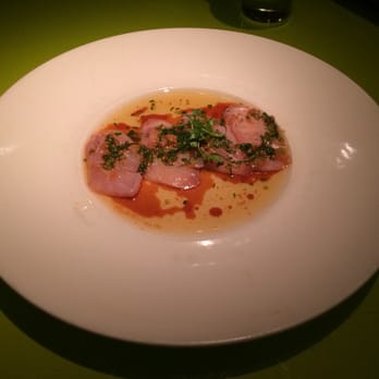 Morimoto - Whitefish carpaccio with citrus soy sauce, olive oil, fried garlic, and microgreens. - Japanese Near Me - Philadelphia, Pennsylvania