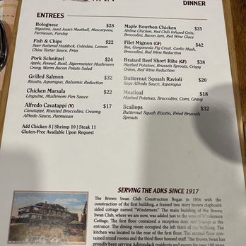 The Brown Swan - Menu for dinner  Apr. 2025 - American Near Me - Schroon Lake, New York