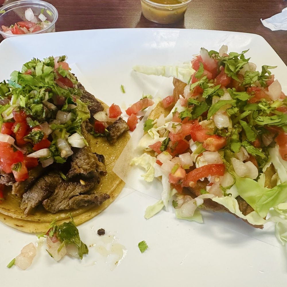 Senor Taquero 2 - Carne asada taco on left. Fish taco on right. - Mexican Near Me - San Diego, California Senor Taquero 2 - Carne asada taco on left. Fish taco on right. - Mexican Near Me - San Diego, California