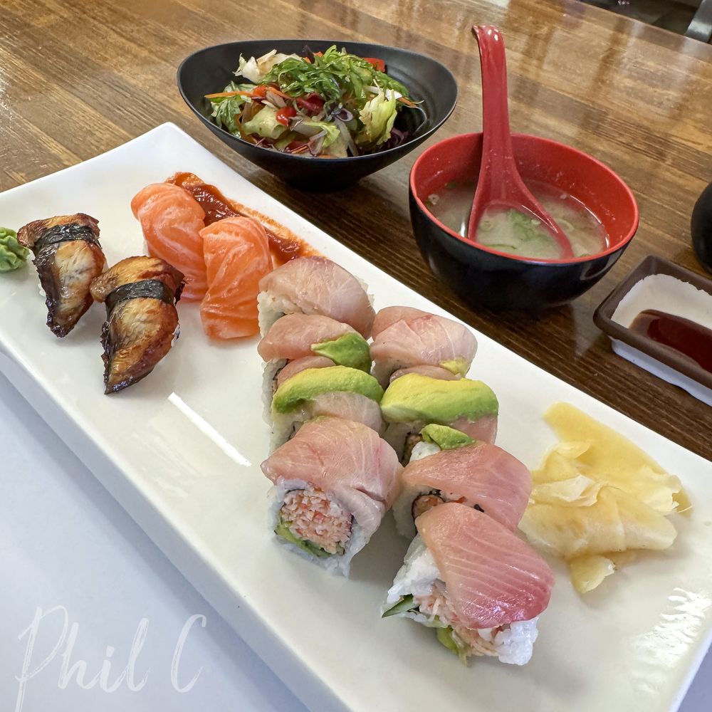 Sakai Sushi - Lunch - yellowtail special roll, salmon, and unagi sushi. Complimentary salad and miso soup. - Sushi Bars Near Me - La Palma, California Sakai Sushi - Lunch - yellowtail special roll, salmon, and unagi sushi. Complimentary salad and miso soup. - Sushi Bars Near Me - La Palma, California