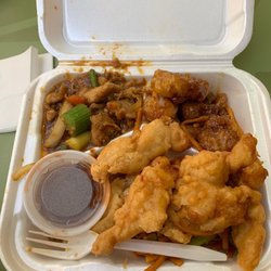 China Max - Spicy chicken (top left)  Orange chicken(top right) Sweet and Sour Chicken