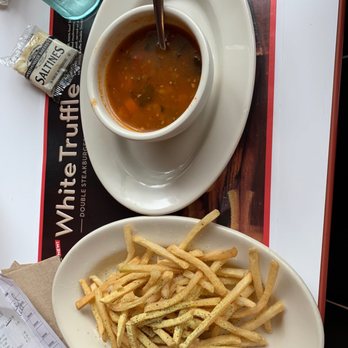 Steak ’n Shake - Veggie soup and Parmesan fries - Burgers Near Me - Naples, Florida