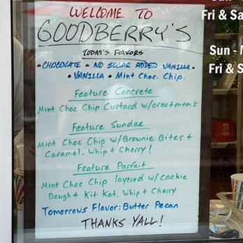 Goodberry's Frozen Custard - Today's flavor menu - Ice Cream & Frozen Yogurt Near Me - Raleigh, North Carolina Goodberry's Frozen Custard - Today's flavor menu - Ice Cream & Frozen Yogurt Near Me - Raleigh, North Carolina