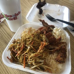 Katsu chicken, macaroni salad, rice and noodles. Katsu chicken, macaroni salad, rice and noodles.