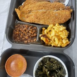 Herman's Soul Food & Catering - Fillet catfish, baked beans, Mac n cheese, greens, corn bread