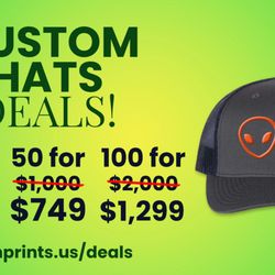 Alien Prints - Custom Hats starting at $12.99. Learn more at alienprints.us/deals