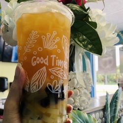 Lychee, Mango, Pineapple Tea with fruits Jelly and brown sugar boba