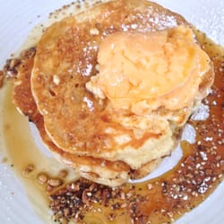 The Counter - Ricotta and orange hotcakes with maple syrup, lemon curd butter and sweet dukkah