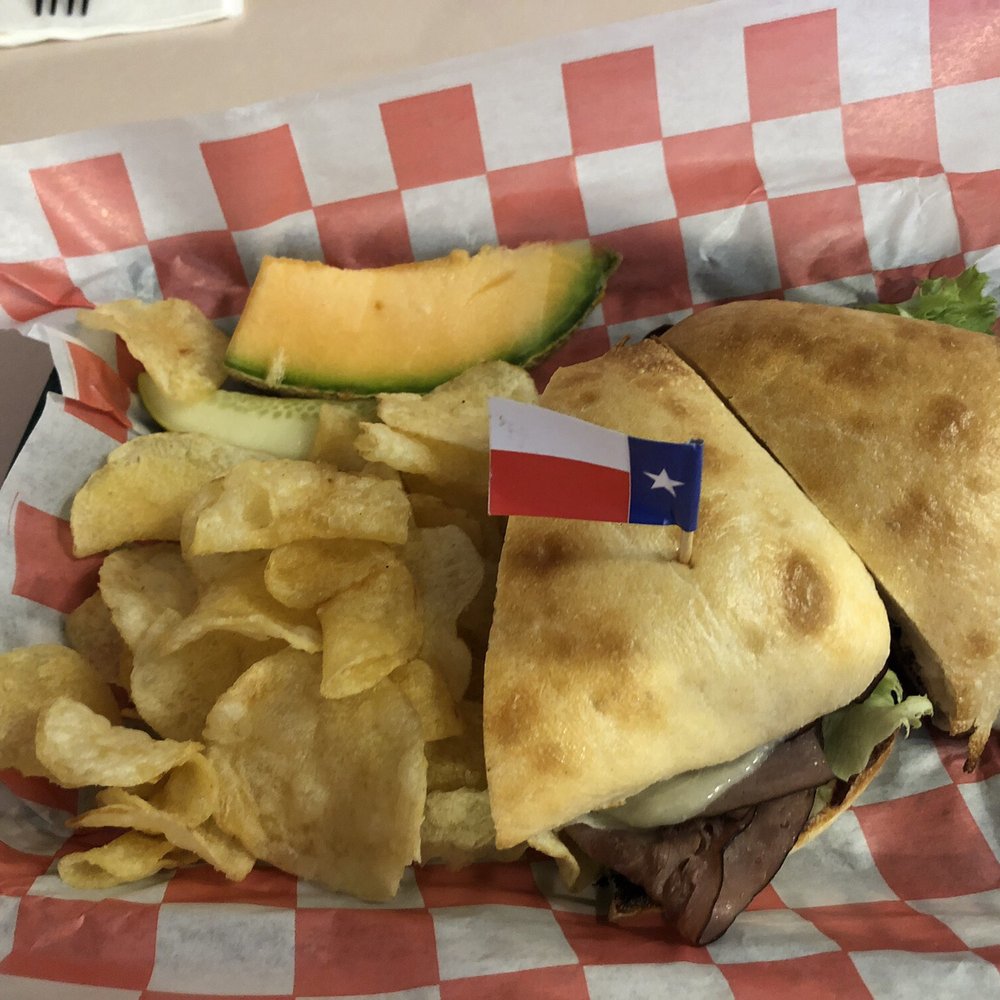 Boot's and Scoops Cafe - Hot Roast Beef on Ciabatta with Provolone, Lettuce, Tomato with Mayo and Kettle Chips - Sandwiches Near Me - Van Horn, Texas Boot's and Scoops Cafe - Hot Roast Beef on Ciabatta with Provolone, Lettuce, Tomato with Mayo and Kettle Chips - Sandwiches Near Me - Van Horn, Texas