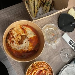 Enoteca Monza - Top to bottom: garlic bread, chicken parm, spaghetti
