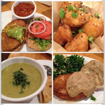 Veggie Grill By Next Level - Top right clockwise: Santa Fe chickin' sandwich, crispy cauliflower, crispy chickin' plate, asparagus soup - Vegan Near Me - Torrance, California Veggie Grill By Next Level - Top right clockwise: Santa Fe chickin' sandwich, crispy cauliflower, crispy chickin' plate, asparagus soup - Vegan Near Me - Torrance, California