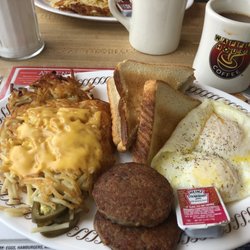Waffle House - Athens - Two eggs over medium with sausage patty and hash browns.