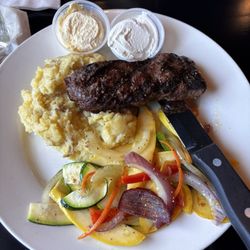 Flat iron steak. Perfect proportion, a nice vegetable side. Mashed potatoes with butter.I definitely will come back with friends.