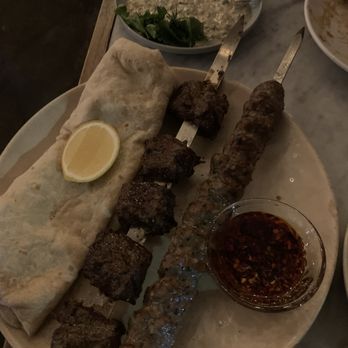 Saffy's - Skewers: beef shishlik (left), lamb kebab (right) - Middle Eastern Near Me - Los Angeles, California Saffy's - Skewers: beef shishlik (left), lamb kebab (right) - Middle Eastern Near Me - Los Angeles, California