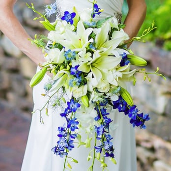 Florist Atlanta - My stunningly perfect bridal bouquet of white roses, orchids, Oriental Lilies, and blue delphinium - Florists Near Me - Atlanta, Georgia