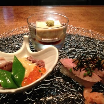 Wakuriya - Appetizers: duck Nigiri with foie gras sauce, squid fromjapan, homemade sesame tofu - Japanese Near Me - San Mateo, California Wakuriya - Appetizers: duck Nigiri with foie gras sauce, squid fromjapan, homemade sesame tofu - Japanese Near Me - San Mateo, California
