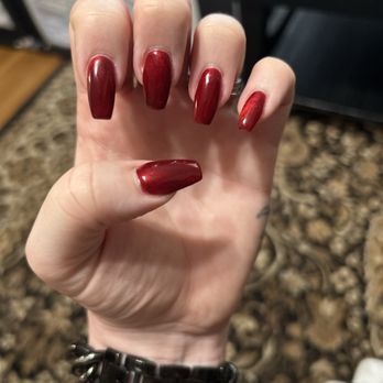 Polished NailBar - Red cat eye coffin nails - Nail Salons Near Me - Bakersfield, California Polished NailBar - Red cat eye coffin nails - Nail Salons Near Me - Bakersfield, California