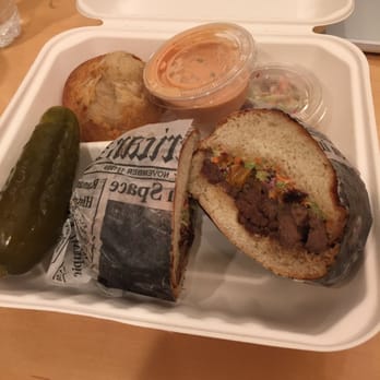 Brooklyn Sandwich - Brisket on pretzel bread - with side knish and pickle. - Food Trucks Near Me Brooklyn Sandwich - Brisket on pretzel bread - with side knish and pickle. - Food Trucks Near Me