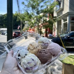 Honeycone Craft Ice Cream - Seat salt straciatella, peach crisp, sweet corn blueberry x2, chocolate milk, and strawberry balsamic