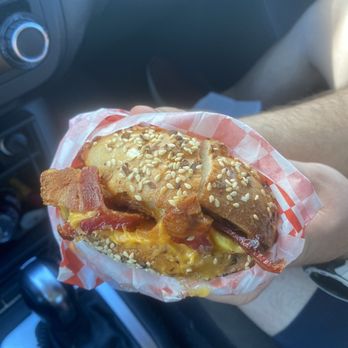 Bagel Bob's - Bacon egg and cheddar everything bagel - Delis Near Me - Houston, Texas Bagel Bob's - Bacon egg and cheddar everything bagel - Delis Near Me - Houston, Texas