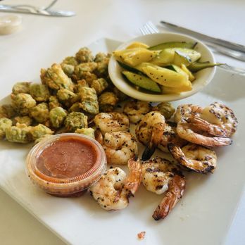 Fisherman's Corner - Grilled shrimp with sautéed zucchini & squash & fried okra. - Cajun/Creole Near Me - Pensacola, Florida Fisherman's Corner - Grilled shrimp with sautéed zucchini & squash & fried okra. - Cajun/Creole Near Me - Pensacola, Florida