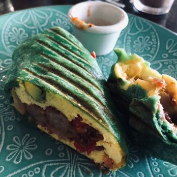 Carmel Cafe - Breakfast burrito with spinach tortilla-yum! - Coffee & Tea Near Me - Brea, California