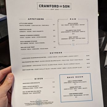 Crawford & Son - Food menu. Appetizers, raw, entrees, sides, and "save room" for dessert. - New American Near Me - Raleigh, North Carolina