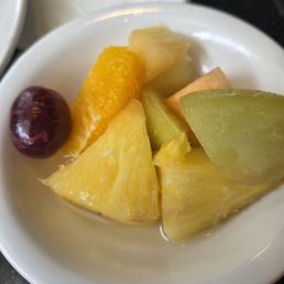 Fruit, rice and beans, hot dog