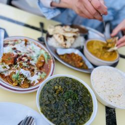 Sartaj India Cafe - Samosa (deconstructed), Saag Paneer (spinach and paneer cheese), lunch entree with lentils and naan. Repeat favorites.