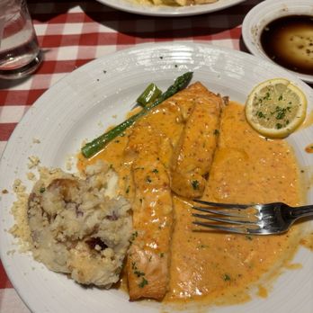 Frugatti's - Salmon with fat Sammy sauce-potatoes don't seem the same and asparagus was cold. - Italian Near Me - Bakersfield, California Frugatti's - Salmon with fat Sammy sauce-potatoes don't seem the same and asparagus was cold. - Italian Near Me - Bakersfield, California